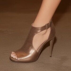 Michael Kors Metallic Snakeskin Leather Shooties Dress Heels Open Toe Zip Back